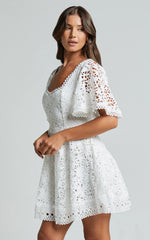 Marisole Mini Dress - A Line Flutter Sleeve Lace Dress in White