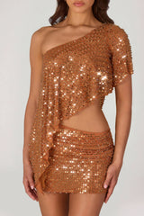 Embellished One-Shoulder Asymmetric Top in Bronze