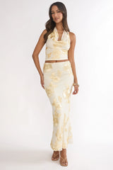 Golden Hours Cowl Halter Top Embellished Yellow