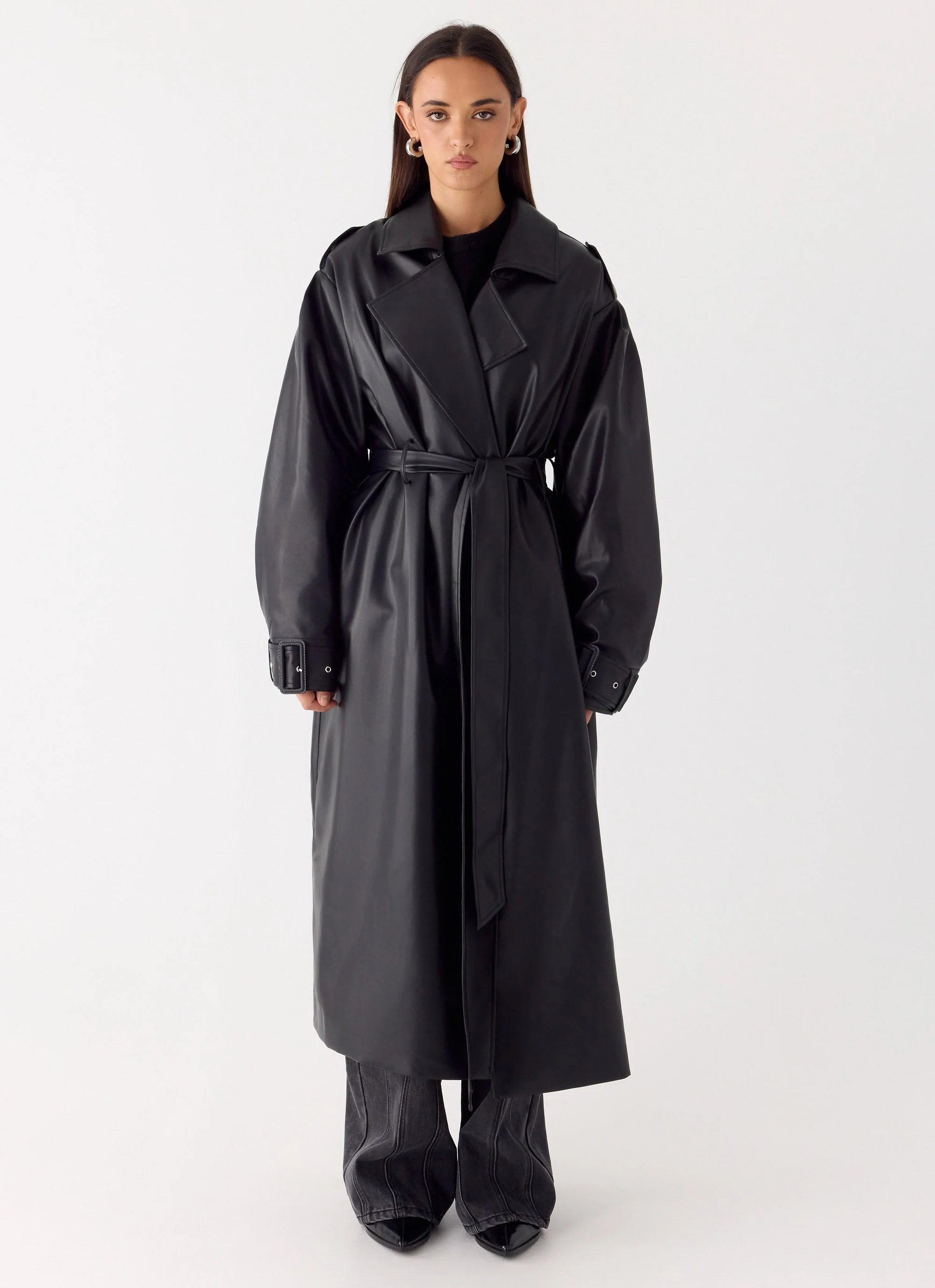 Out On The Town Faux Leather Midi Trench - Black