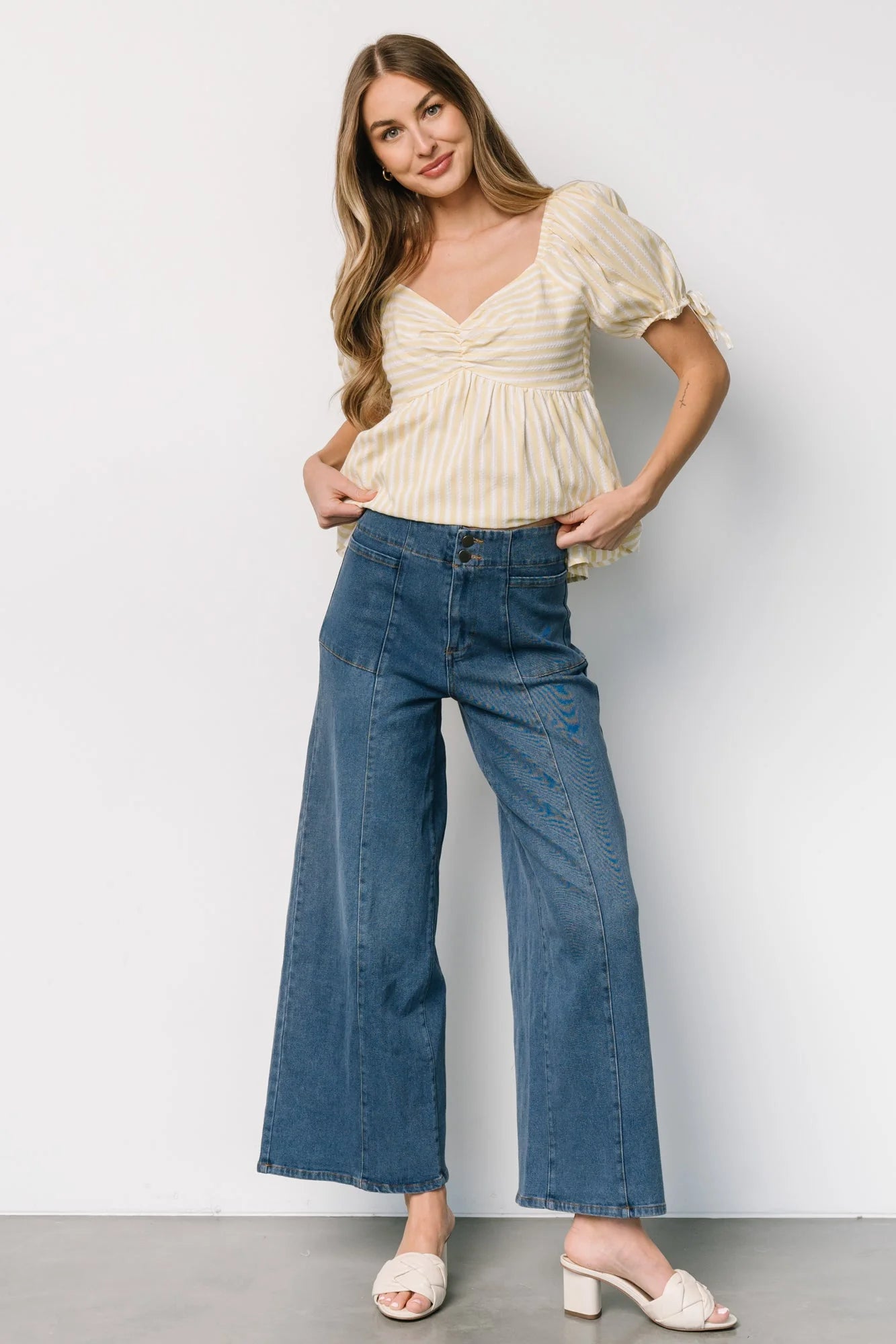 Betsy Peplum Top | Yellow + White Stripe