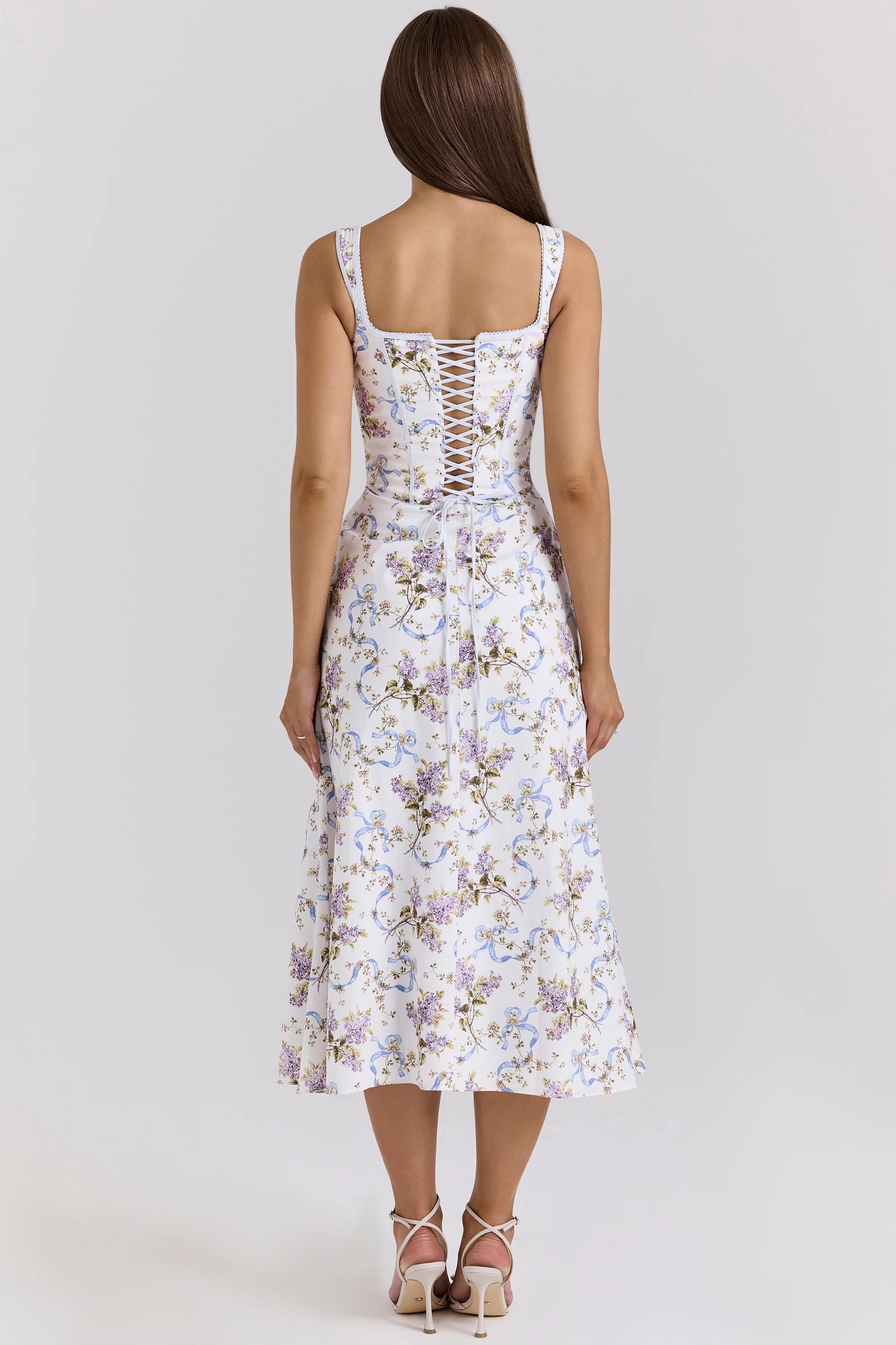 Off White Floral Print Cotton Midi Dress