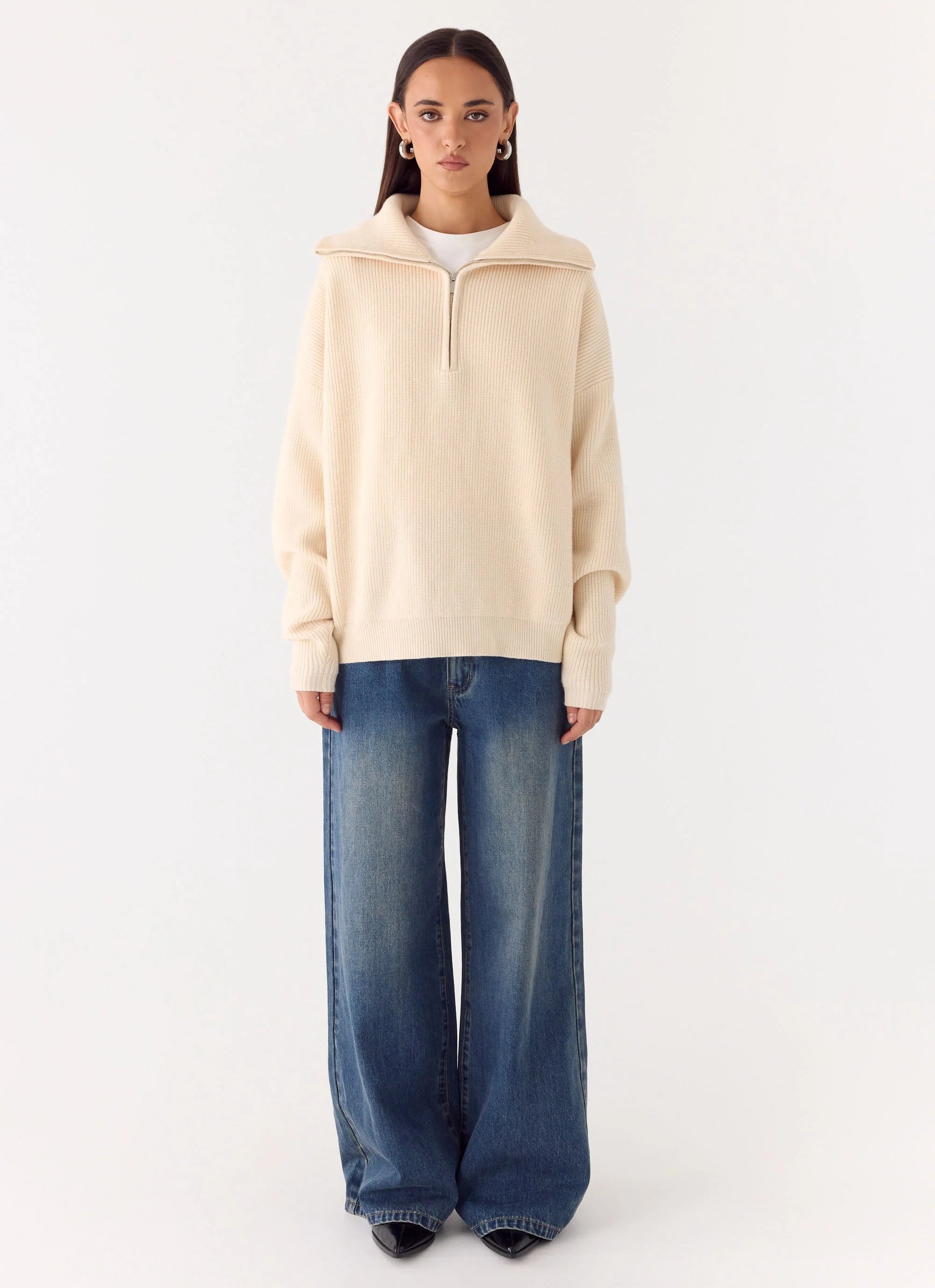 Eirena Quarter Zip Knit Sweater - Cream