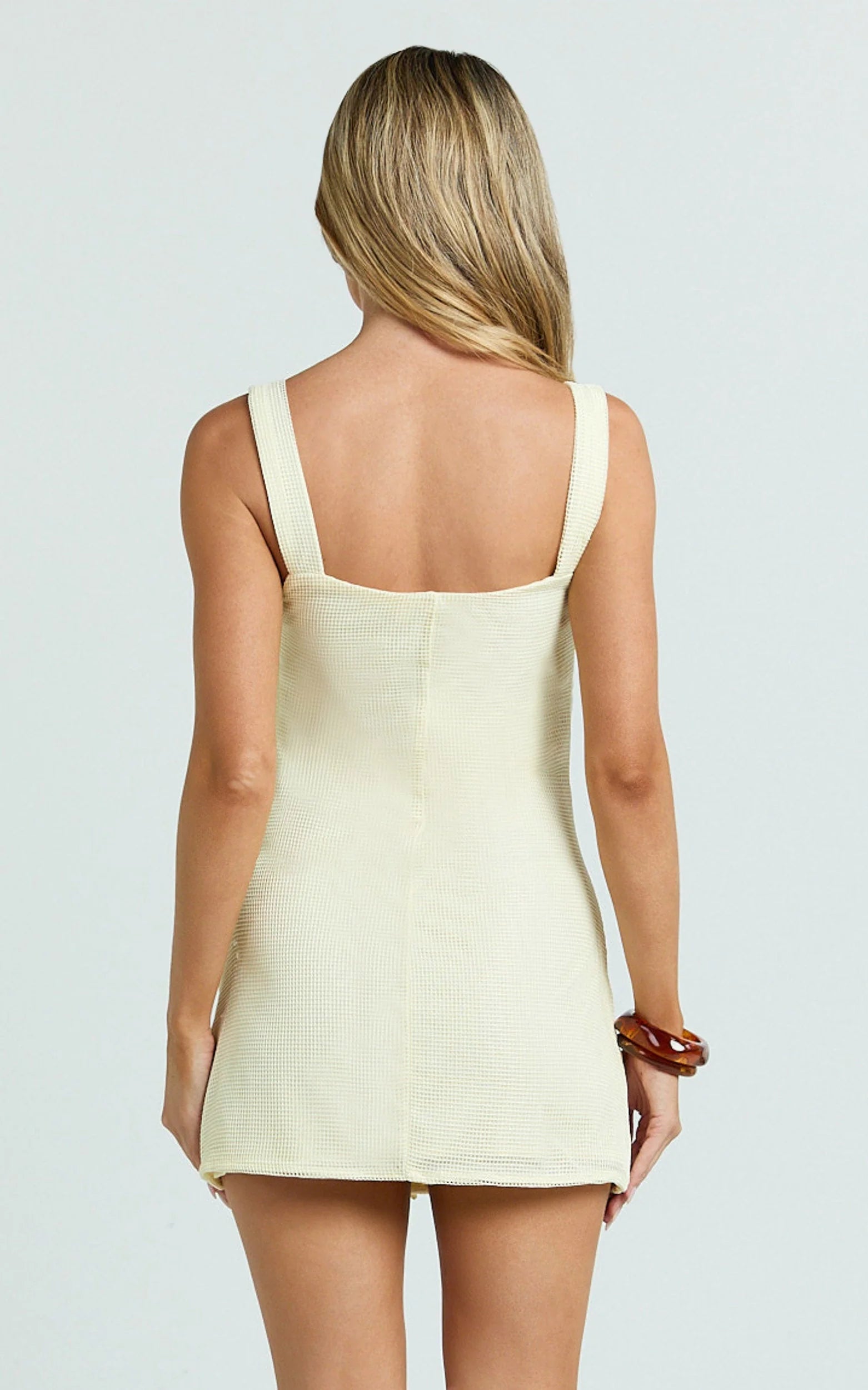 Sienna Mini Dress - Square Neck Floral Embroidered A Line Dress in Lemon