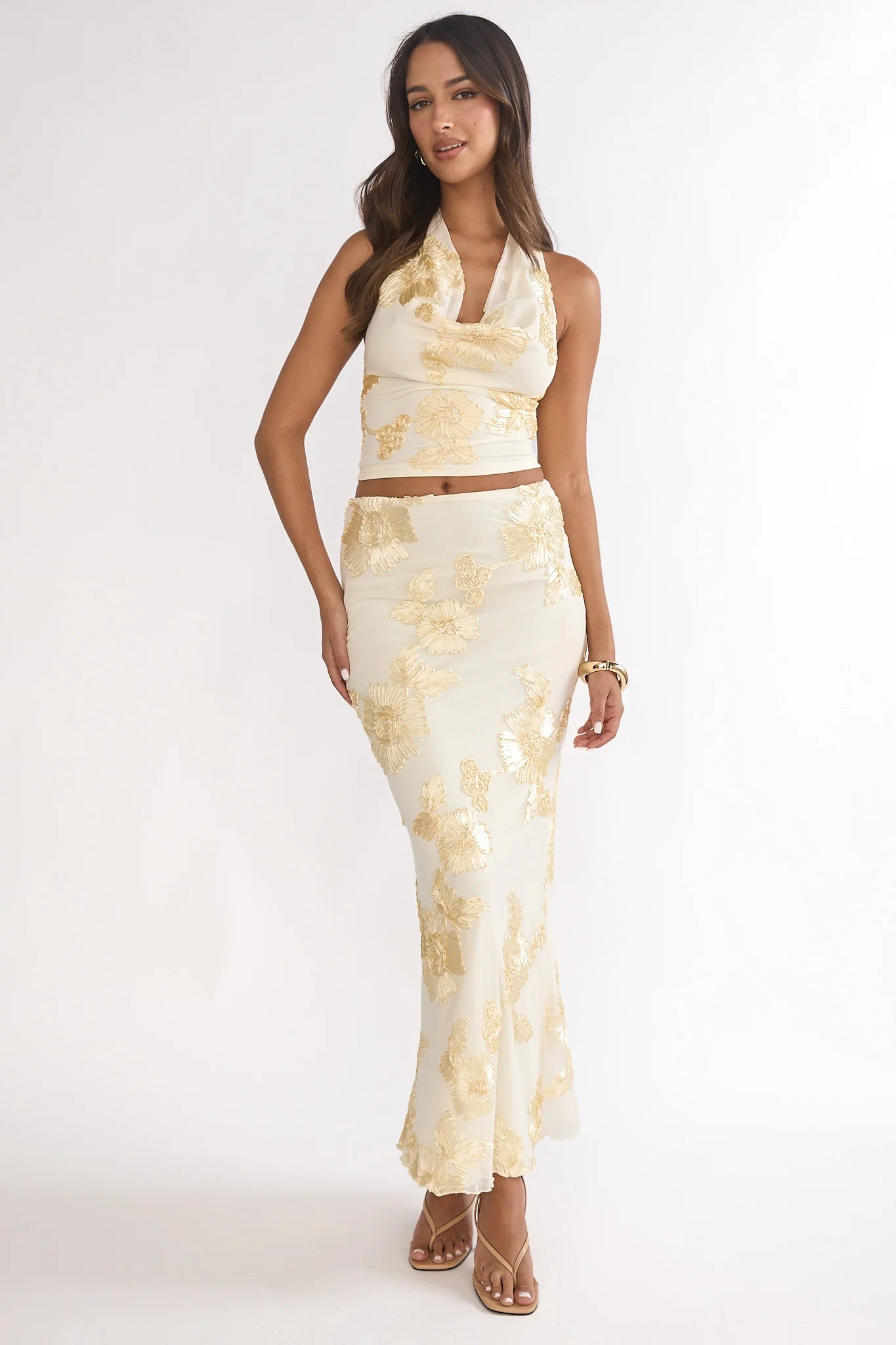 Golden Hours Cowl Halter Top Embellished Yellow