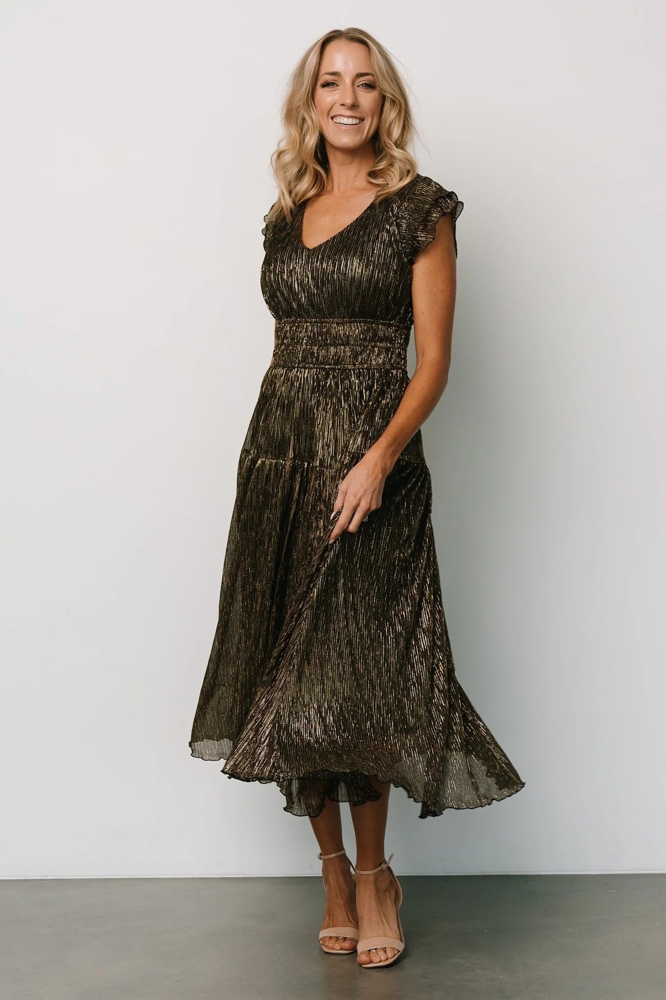 Miley Pleated Shimmer Dress | Gold