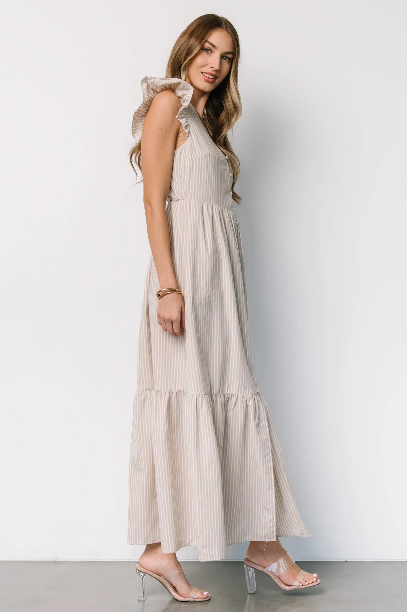 Hettie Button Maxi Dress | Beige Stripe