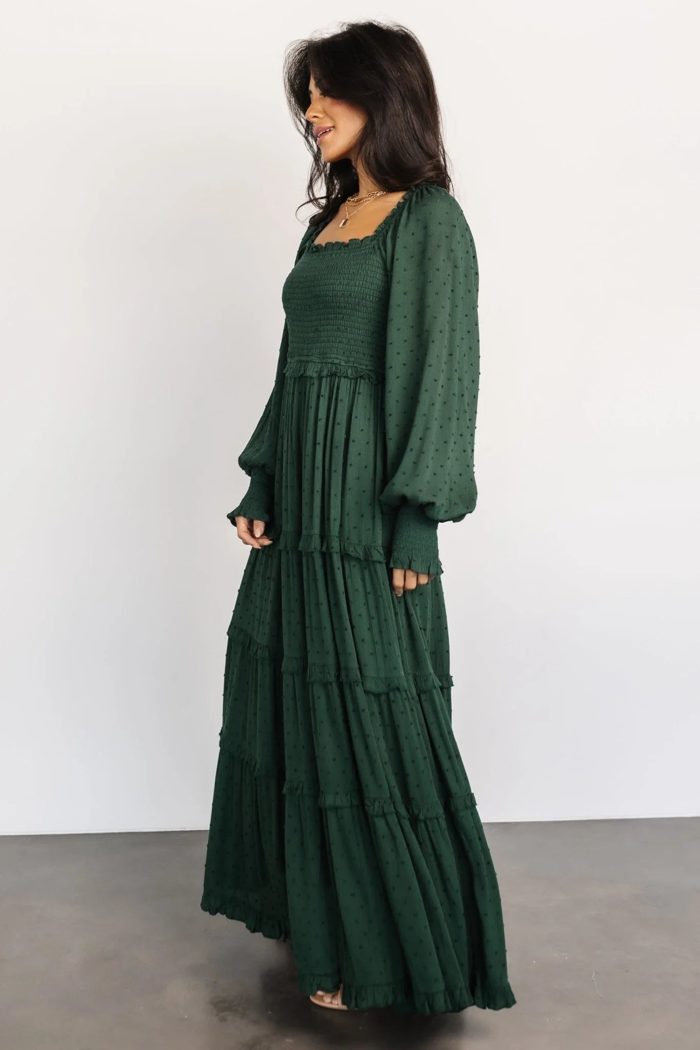 Amanda Smocked Dotted Maxi Dress | Evergreen