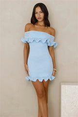 Glimmering Noir Off Shoulder Lace Mini Dress Blue
